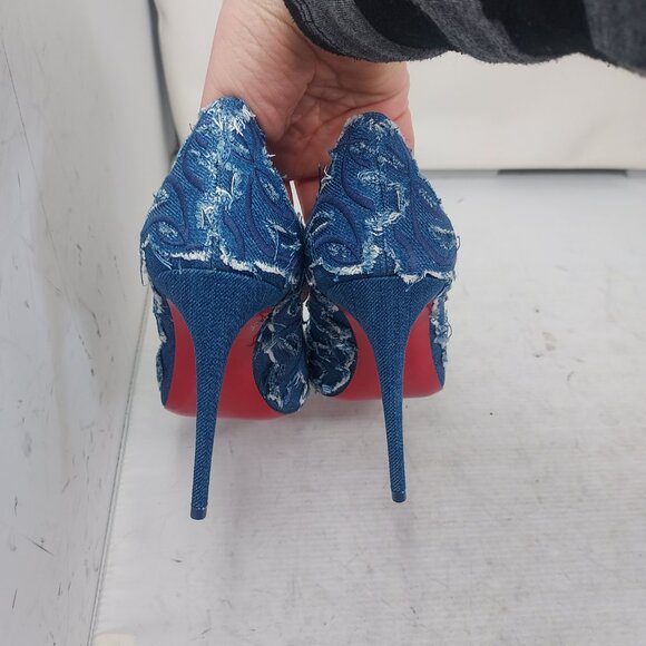 Christian Louboutin Blue Kate Toile Denim Brode Heel Shoe - Picture 9 of 11